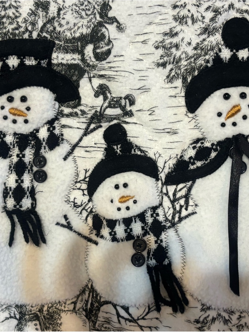 Vintage Quilted Snowman Christmas Jacket Black White Applique Winter Coat L - Picture 7 of 12